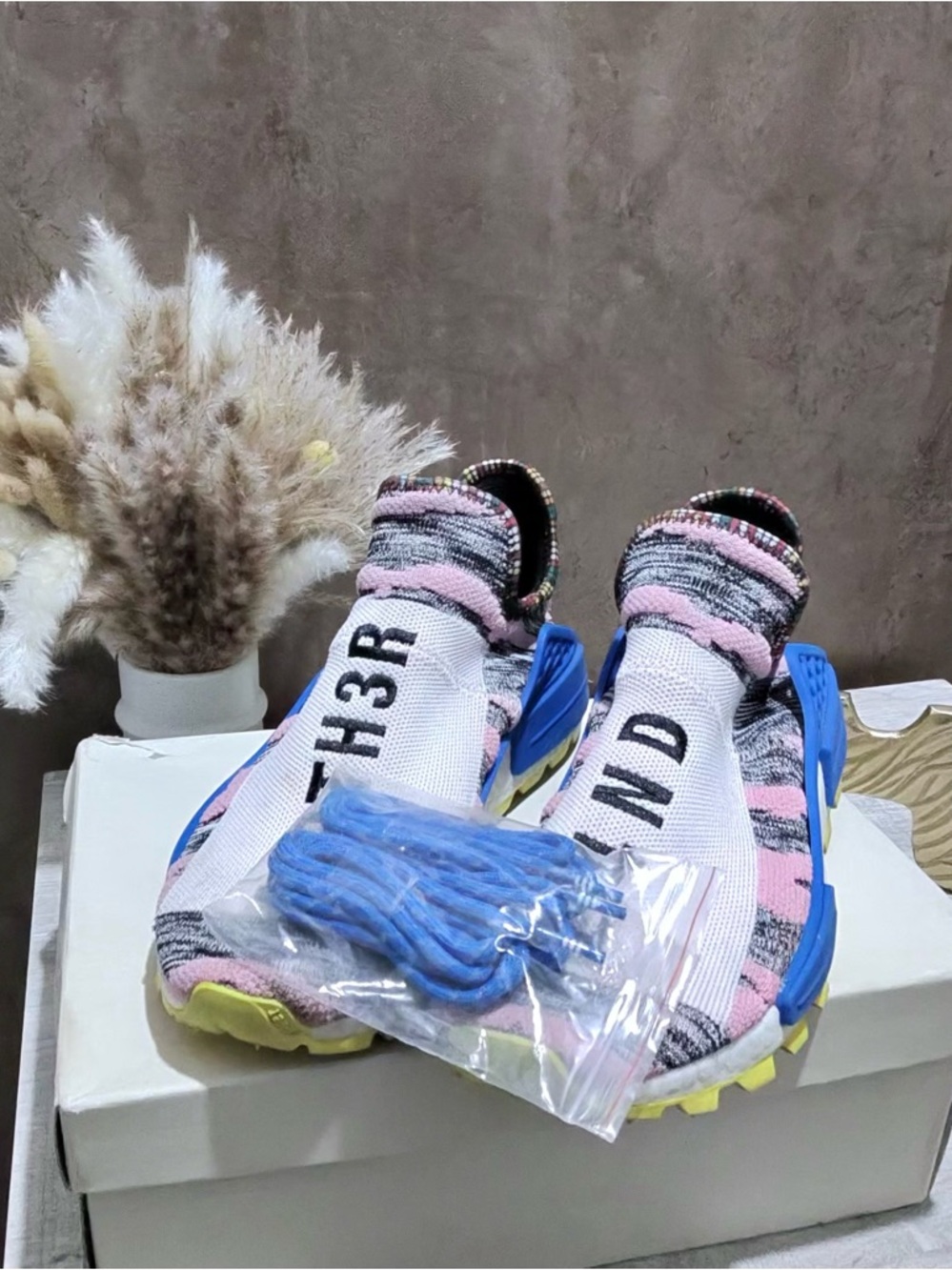 adidas men Pharrell Human Race Slip-On Athletic Sneakers in Pink, Blue, White